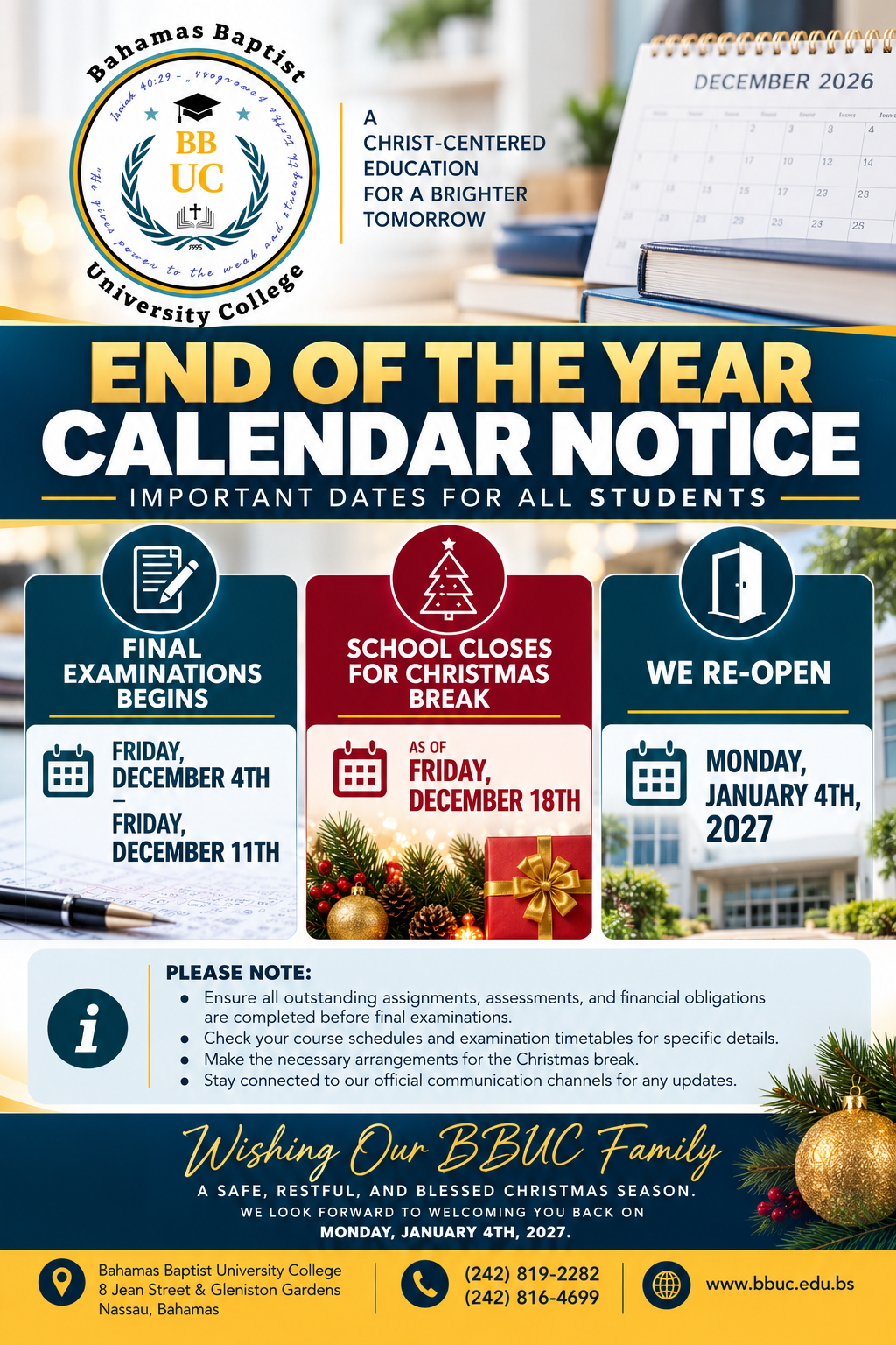 End of Year calendar notice